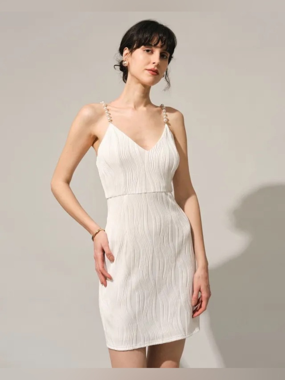 ✨ NWT RIHOAS White Textured Plissé Mini Dress w/ Pearl Straps (Size XS) 🤍